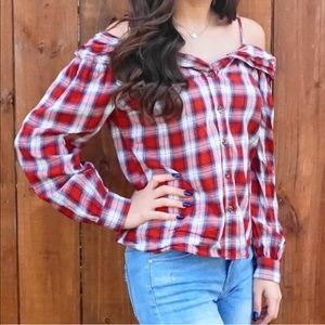 Plaid button down cold shoulder top!